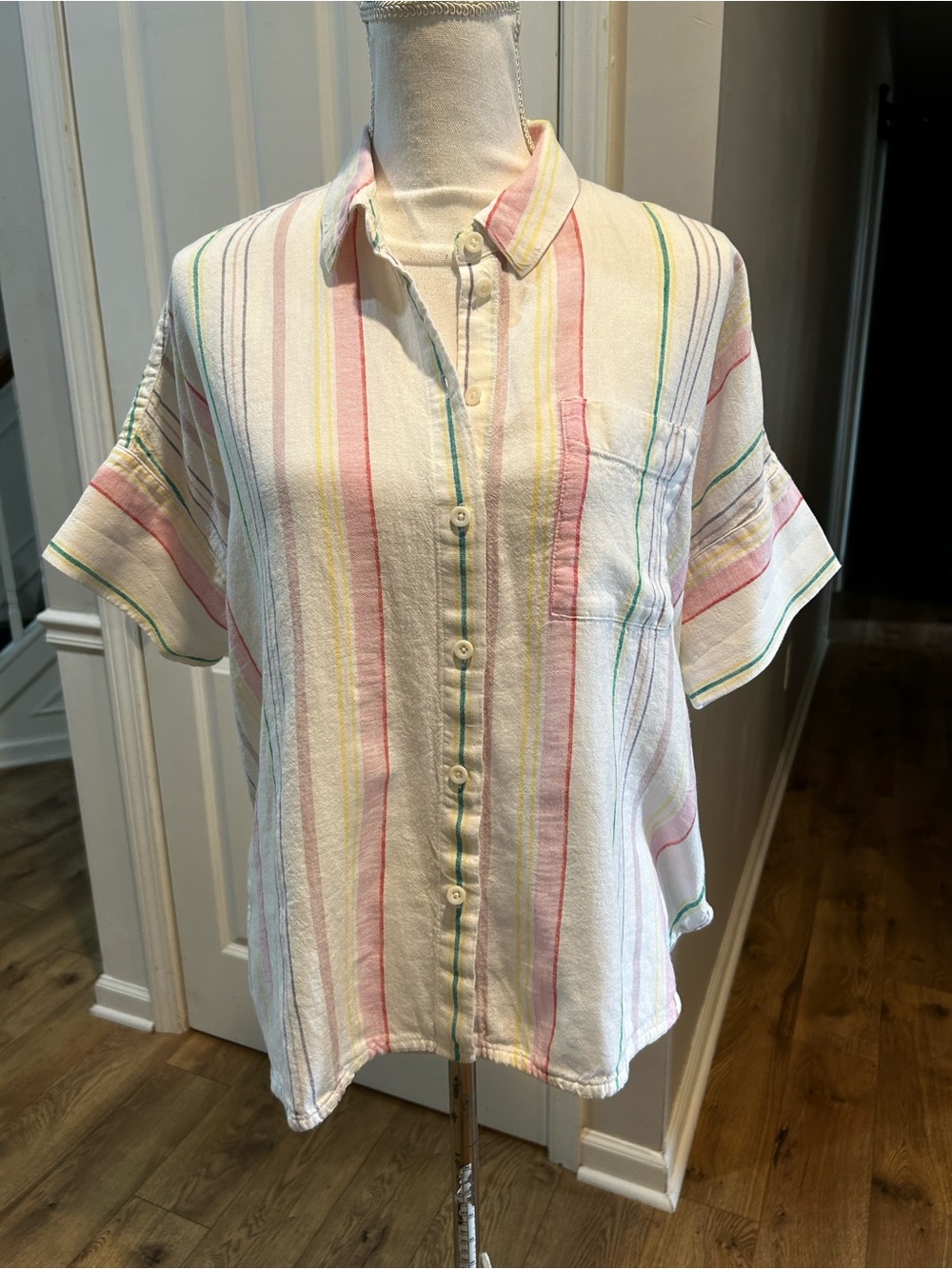 Madewell White Button-Up Shirt with Pastel Stripes linen blend small